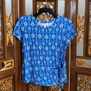 Style & Co Blue Ikat Print Top Women Sz PL Short Sleeve Tie Detail Stretch Adult